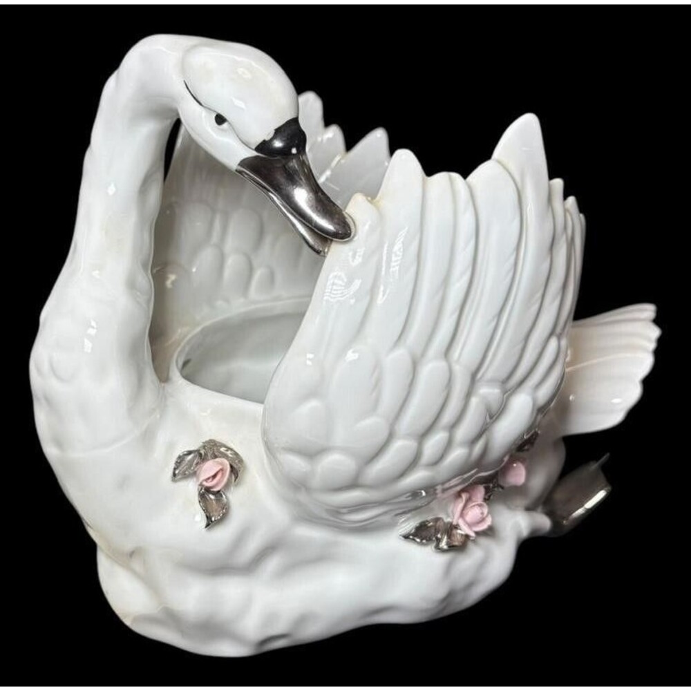 RARE VTG Gerold Porzellan White Porcelain Swan Figurine Planter w/Silver Accent